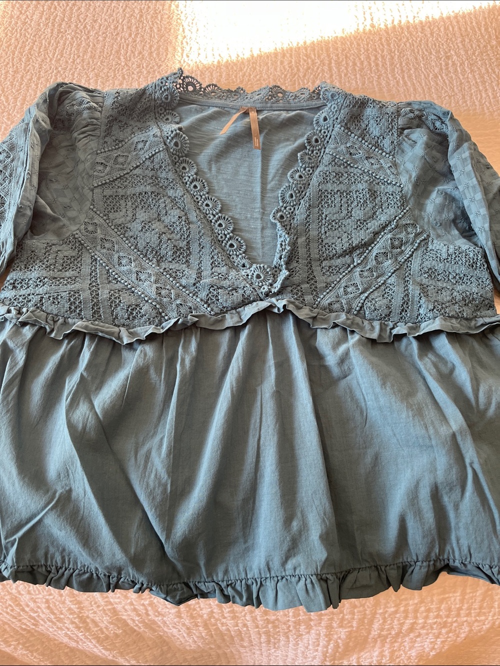 Anthropologie Dusty Blue Crochet/Lace V-Neck Top XXS